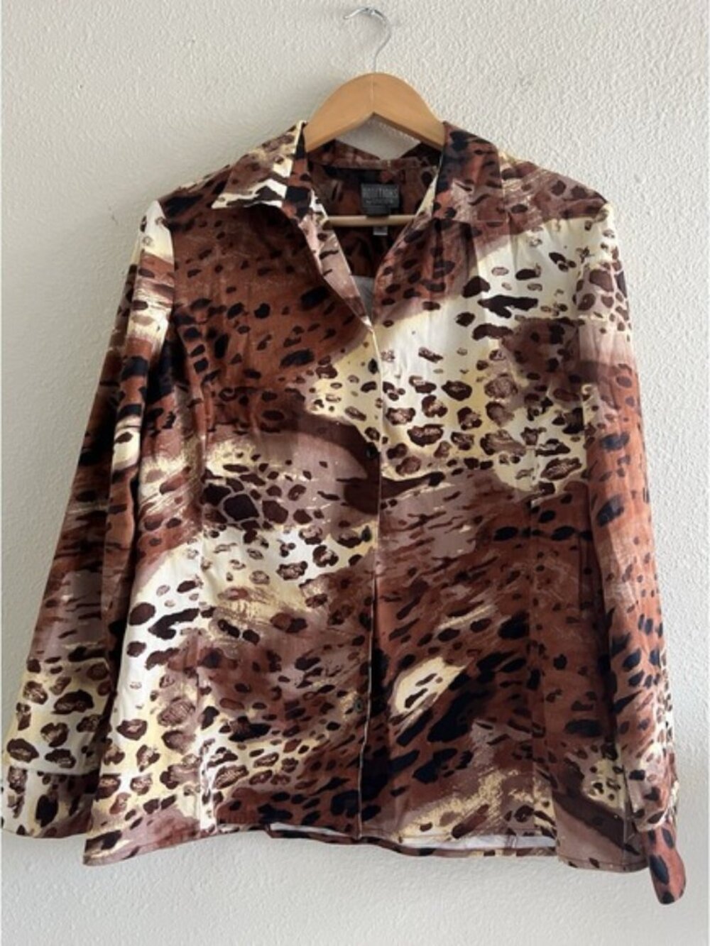 Chicos Additions Jacket Shirt Brown Animal Print Size 2 M/L Mob Casual Edgy